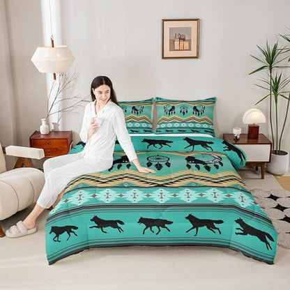 Erosebridal Wolf Bedding Set King Ethnic Tribe Feather Arrow Aztec Quilt,Moon Dream Catcher Bohemia Comforter Set Comforter Set Indian Tribal Geometric Duvet Insert,Vintage Exotic Wildlife,Green