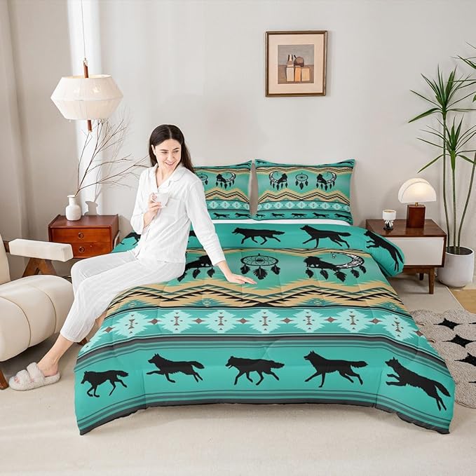 Erosebridal Wolf Bedding Set Moon Dream Catcher Quilt,Southwestern Native Ethnic Tribal Arrow Aztec Queen Comforter Set Western Boho Duvet Insert,Exotic Nordic Style Wild Animals Bohemian Decor,Green