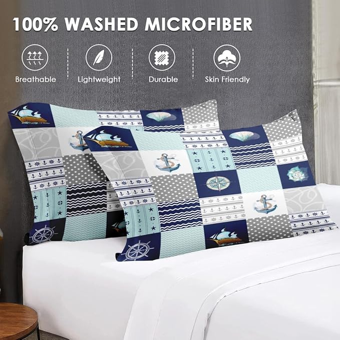 King Size Comforter Set with 2 Pillowcases, Nautical Blue Marine Summer 3 Pcs Bedding for Kids and Adults, Sea Ocean Boat Plaid Soft Comforter Set for Bedroom Bed Decor