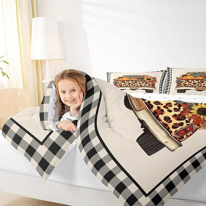 Plaid Pumpkin Comforter Set Fall Thanksgiving Harvest Bedding Set Gifts For Kids Teen Adults Twin,Brownleopard Truck Pumpkins Bedding Comforters,Butterfly Sunflower Maple Leaf Bedding Quilted 2 Pcs