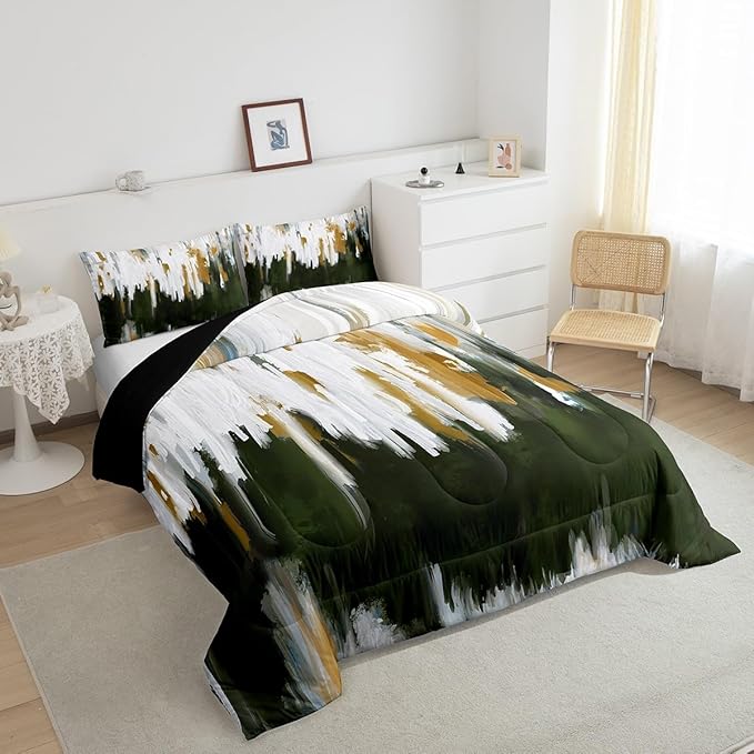 Ombre Watercolor Bedding Set King Olive Green Comforter Set, Brush Strokes Stripe Duvet Insert Contemporary Aesthetic Quilt Sets, Modern Graffiti Oil Painting Bedding Comforters & Sets Microfiber 3pcs