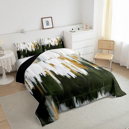 Ombre Watercolor Comforter Set Full Olive Green Bedding Set Brush Strokes Stripe Bedding Comforter Sets Contemporary Aesthetic Duvet Set Modern Graffiti Oil Painting Quilted Comforter Microfiber 3pcs