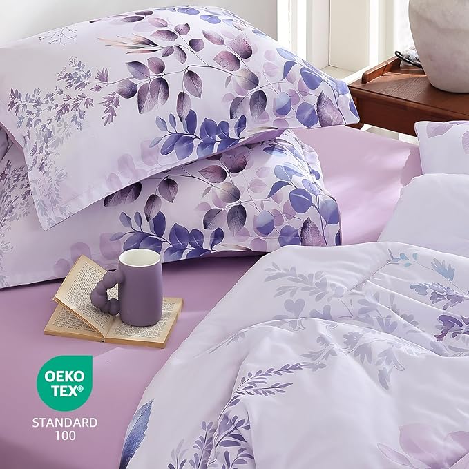 Xruibed Purple Comforter Set Queen Size 7 Pieces Bed in a Bag, Botanical Floral Print Bed Sets, Elegant Flower Comforter with Sheet Set, Soft Microfiber Bedding Set for All Season (Purple, 90"x90")