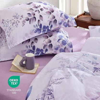 Xruibed Purple Comforter Set King Size 7 Pieces Bed in a Bag, Botanical Floral Print Bed Sets, Elegant Flower Comforter with Sheet Set, Soft Microfiber Bedding Set for All Season (Purple, 104"x90")