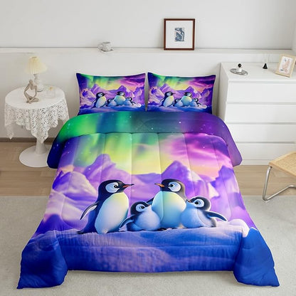 Cartoon Penguin Family Comforter Full,Watercolor Aurora Neon Purple Green Quilt Comforter with 2 Pillowcases,Cute Wildlife 3D Mountain Bedding Set Comfortable,Soft and Breathable