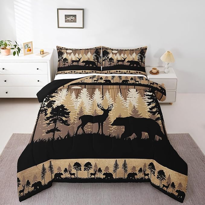 Feelyou Rustic Bear Deer Comforter Set Toddler Size, Wildlife Hunting Theme Quilt Set with 1 Pillowcases, Wild Animal Bedding Set 2pcs for Kids Boys Teens Room Decor, Wooden Board Duvet Insert