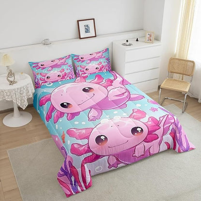 Cute Axolotl Kids Twin Size Comforter Set,Pink Kawaii Animal Ocean Sealife Reversible Bedding Set for Teens Bedroom,Lovely Cartoon Blue Sea Coral Quilted Duvet Set with 1 Pillowcase