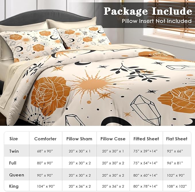 Comforter Set King Size, Plants Boho Astrology 7 Pcs Bedding for Kids and Adults, Vintage Space Leaf Bed Sheet Sets with Fitted Sheet 2 Pillowcases & 2 Shams for Bedroom Bed Decor
