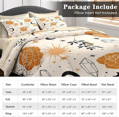 Comforter Set King Size, Plants Boho Astrology 7 Pcs Bedding for Kids and Adults, Vintage Space Leaf Bed Sheet Sets with Fitted Sheet 2 Pillowcases & 2 Shams for Bedroom Bed Decor