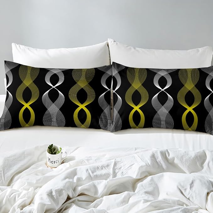 Erosebridal Black and Yellow Striped Full Bedding Set, Modern Boho Abstract Stripes Comforter Set for Women Men Bedroom, Contemporary Geometric Wavy Lines Comforter, Gradient Aesthetic Stripe Quilt