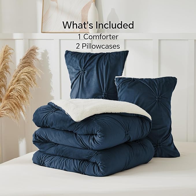 BEDELITE Pintuck Fluffy King Size Comforter Set - Super Soft Sherpa Navy Comforter for King Size Bed, Luxury Warm Bedding Set for Winter, Fuzzy Bed Set 3 Pieces (1 Comforter, 2 Pillowcases)
