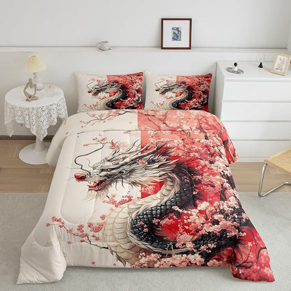 Erosebridal Girls Dragon Comforter Set King Size, Japanese Style Animal Down Comforter Cherry Blossoms Sakura Bedding Set Ancient Wildlife Quilt for Kids Teens Adult Women Bedroom Decor, Pink