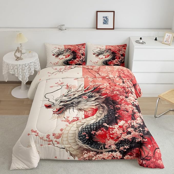 Erosebridal Girls Dragon Comforter Set Toddler Size, Japanese Style Animal Down Comforter Cherry Blossoms Sakura Bedding Set Ancient Wildlife Quilt for Kids Teens Adult Women Bedroom Decor, Pink