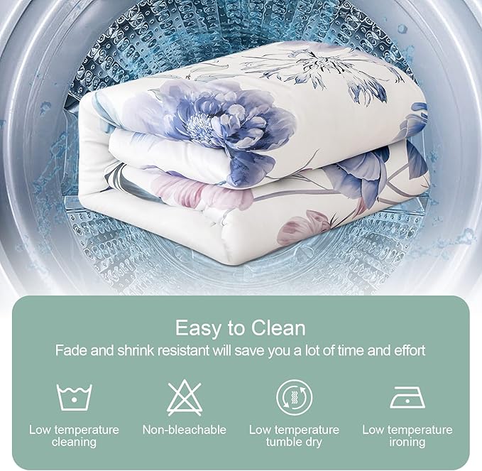 7 Piece Bed in a Bag Queen Floral Comforter Set Botanical Flower Printed on Light Blue Bedding Set, Soft Lightweight Comforter with Sheet Set for All Season (Light Blue, Queen)