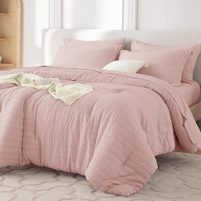 MUXHOMO 5 Pieces Twin XL Comforter Set, Seersucker Bed in a Bag Twin XL Size, All Season Luxury Bedding Set with Comforter, Flat Sheet, Fitted Sheet, Pillowcase & Sham, Rose Gold