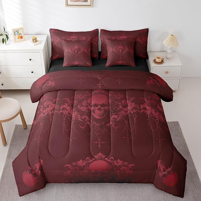 Erosebridal Gothic Bed in a Bag Queen Comforter Set 7 Piece,Goth Sugar Skull Bedding Set,Maroon Damask Bohemian Vintage Floral Comforter and Sheet Set,Exotic Antique Victorian Baroque Decor