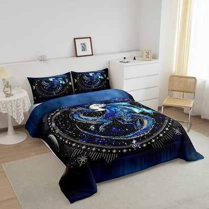 Feelyou Dragon Comforter Set Toddler Size Dragon Decor Duvet Set Luxury Bedding Set Blue Black Quilt Set