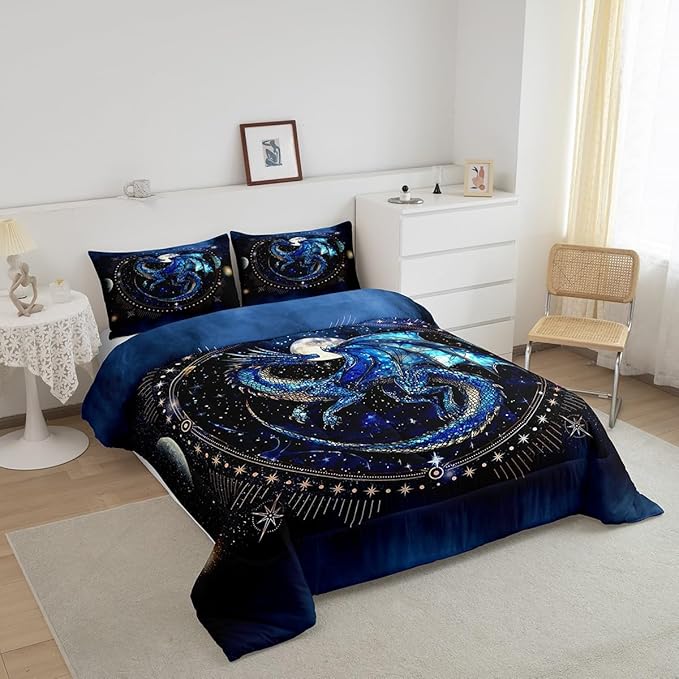Feelyou Dragon Comforter Set Queen Size Luxury Bedding Set with Dragon Decor Duvet Set Blue Black Quilt Set