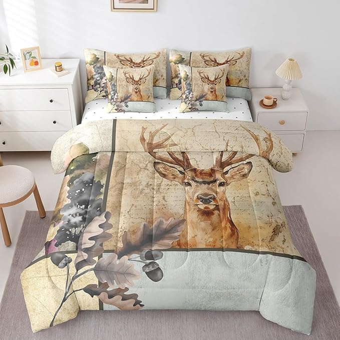 Elk Deer Bed in a Bag King Size Comforter Set 7 Pieces,Woodland Animals Bedding Sets Moose Reindeer Sheet Set with Comforter
