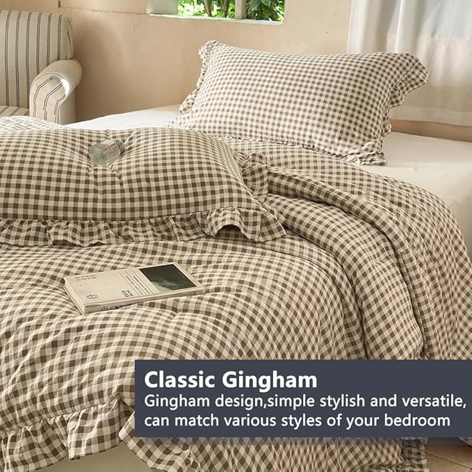 NSNLGSGC Tan Ruffle Gingham Comforter Set Twin, Pre-Washed Ruffled Taupe Plaid Checked Comforter Bedding, 2 Pieces Vintage Farmhouse Grid Bedding Set(Tan Gingham, Twin)