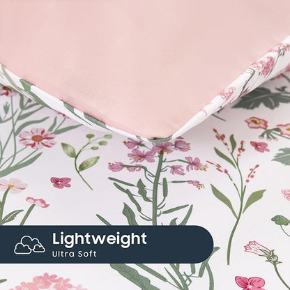 Wake In Cloud - Floral Comforter Set, Shabby Chic Cottage Garden Botanical Flower Style with Elegant Wildflower Pattern, Soft Lightweight Bedding, 3 Pieces, Pink White, Full Size