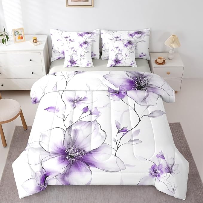 Erosebridal Purple Floral Twin Comforter Set with Sheets for Women, Boho Flower 7 Pcs Bedding Set, Watercolor Floral Elegant Bed Sets for Girls Adults, Ink Painting Style Blossom & Leaf Bed in A Bag