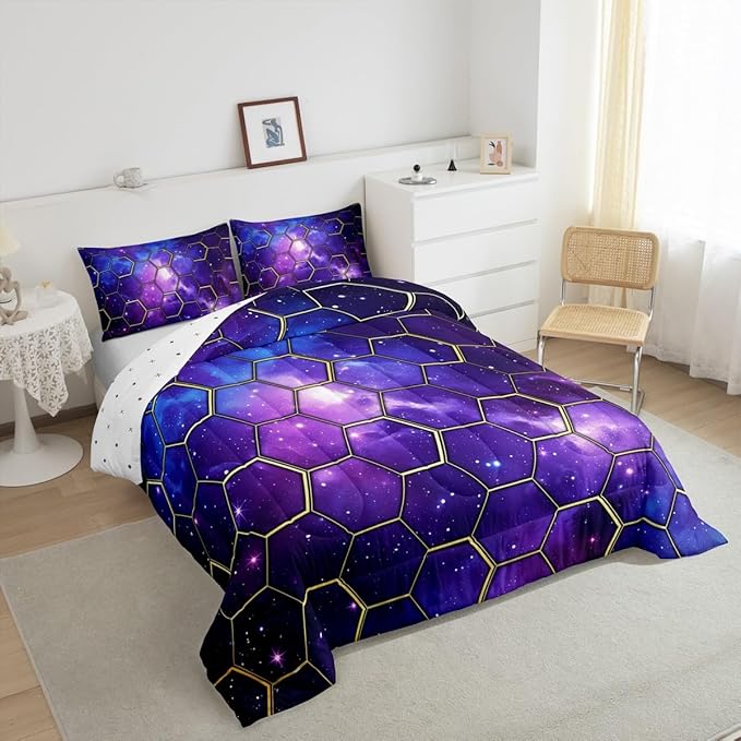 Manfei Galaxy Honeycomb Comforter Set Queen Size, Geometric Hexagon Print Bedding Set 3pcs, Blue Purple Starry Sky Down Comforter for All Season, Kids Boys Girls Room Decor, 2 Pillowcases