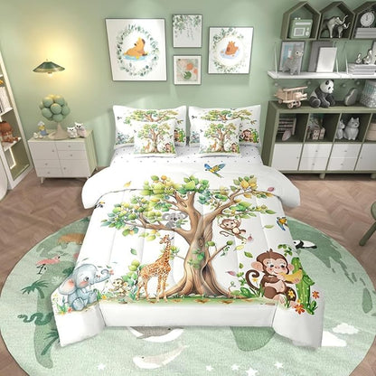 Erosebridal Zoo Animal 7 Piece Bedding Set Full Size,Lion Tiger Monkey Bed in a Bag,Tropical Palm Trees Bed Set Includes Comforter, Sheet Set, Pillowcases & Pillow Covers All Season Bedroom Decor