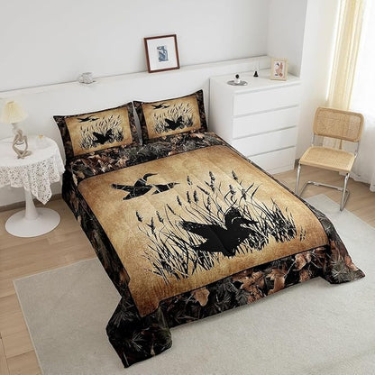 Erosebridal Camo Mallard Duck Bedding Set Rustic Cabin Comforter Set King for Boys Adults Men,Woodland Camouflage Hunting Duck Quilt Comforter Country Farmhouse Retro Bed Set Room Decor 3 Pcs