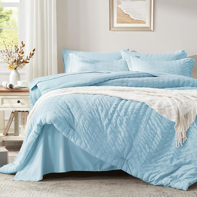 Zzlpp King Comforter Set 7 Pieces, Light Blue Seersucker Bed in a Bag with Comforter and 2 Sheets, All Season Bedding Sets with 1 Comforter, 2 Pillow Shams, 2 Pillowcases