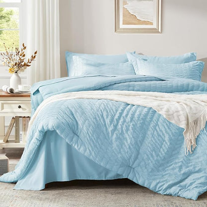 Zzlpp King Comforter Set 7 Pieces, Light Blue Seersucker Bed in a Bag with Comforter and 2 Sheets, All Season Bedding Sets with 1 Comforter, 2 Pillow Shams, 2 Pillowcases