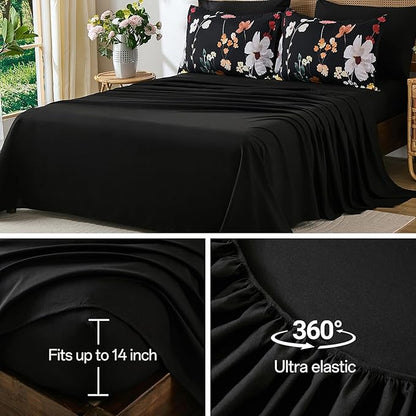 Anibedding 8Pieces King Size Comforter Set, Black Watercolor Floral Queen Size Bed in a Bag Comforter Set with Pillowcase, Sheets for All Season