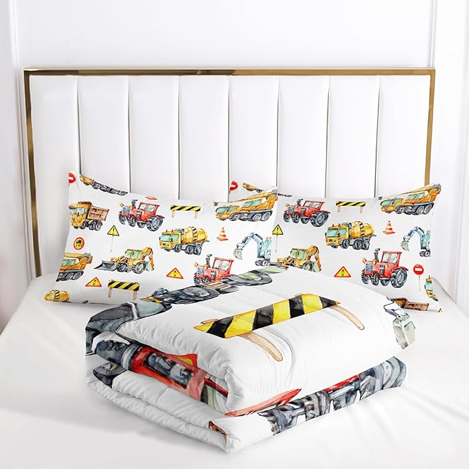 Cartoon Excavator Comforter Sets Full Size, Bedding Sets for Kids,Cartoon Construction and Automobiles Comforter Sets All Season 1 Comforter and 2 Pillowcases