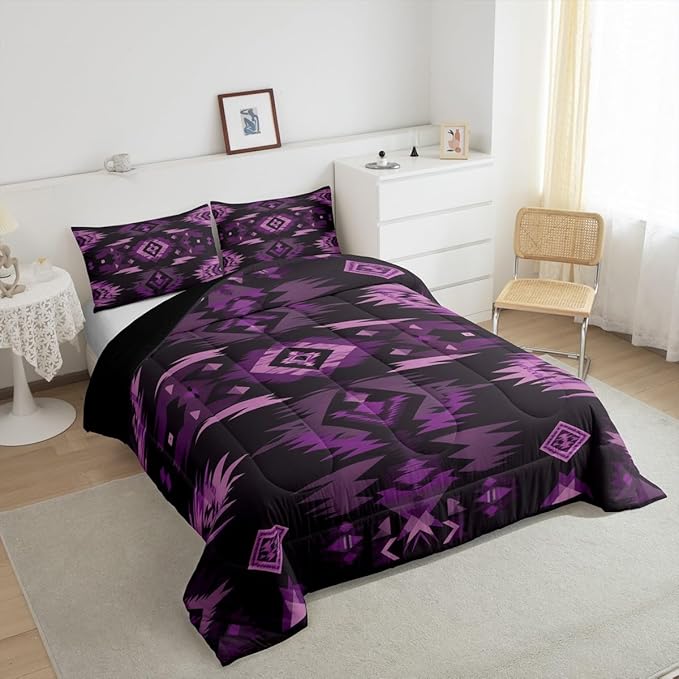 Feelyou Purple Black Southwestern Comforter Set,Geometric Tribal Native American Indian Bedding Set King Size,Adult Bedroom Room Decor,Vinatge Exotic Style Stripe Line Comforter,Bed Set