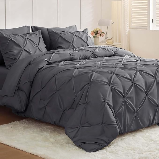 JOLLYVOGUE Full Size Comforter Sets 7 Pieces - Bed in a Bag Full for All Season, Pintuck Bedding Comforter Sets with Comforter, Flat Sheet, Fitted Sheet and Pillowcases & Shams, Grey