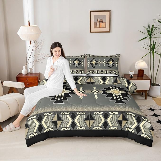 Erosebridal Toddler Southwestern Aztec Comforter Set, Rustic Western Bedding Set, Exotic American Native Bedding Comforter Sets for Boys Teens Men Bedroom, Farmhouse Ethnic Geometric Quilt,Gray Black