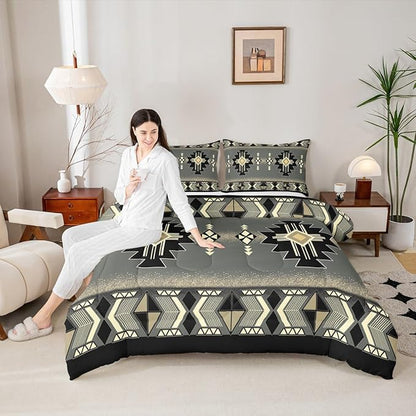 Erosebridal Twin Southwestern Aztec Comforter Set, Rustic Western Bedding Set, Exotic American Native Bedding Comforter Sets for Boys Teens Men Bedroom, Farmhouse Ethnic Geometric Quilt,Gray Black