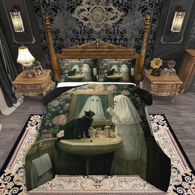 Erosebridal Funny Ghost King Size Comforter Set, Happy Halloween Cute Ghost Bedding Set, Gothic Cat Comforter, Rose Flowers Retro Baroque Boho Floral Quilt with 2 Pillowcases for Bedroom Decor