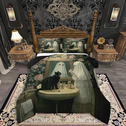 Erosebridal Funny Ghost Bedding Set Twin, Happy Halloween Cute Ghost Comforter Set, Gothic Cat Comforter, Rose Flowers Retro Baroque Boho Floral Quilt with 1 Pillowcase for Bedroom Decor