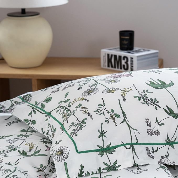 Cotton Comforter King Size Set – White Green Botanical Floral Bedding, Soft & Breathable Comforter, All-Season Down-Alternative Filling, 1 Comforter & 2 Pillow Shams