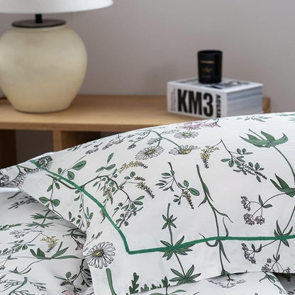 Cotton Comforter King Size Set – White Green Botanical Floral Bedding, Soft & Breathable Comforter, All-Season Down-Alternative Filling, 1 Comforter & 2 Pillow Shams