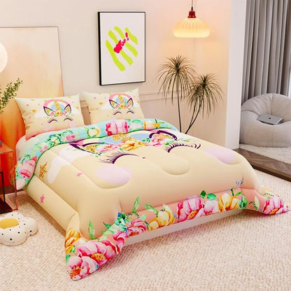 Unicorn Comforter Set,Floral Pink 3D Pattern for Kids Teens Adults,Decorative Bedding Comforter Sets with 2 Pillow Shams, Twin Size