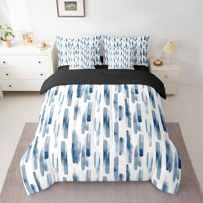 Erosebridal 7Pcs Navy Blue Boho Comforter Set Twin Size,Abstract Art Aesthetic Striped Bed in A Bag for Kids Teens Adults,Ink Painting Graffiti Watercolor Quilt Set,Modern Bedding with Bed Sheets