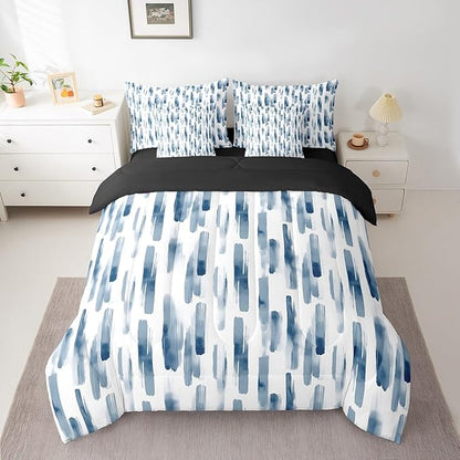 Erosebridal 7Pcs Navy Blue Boho Comforter Set Twin Size,Abstract Art Aesthetic Striped Bed in A Bag for Kids Teens Adults,Ink Painting Graffiti Watercolor Quilt Set,Modern Bedding with Bed Sheets