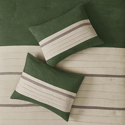 Madison Park Palmer Comforter Set-Luxury Faux Suede Design, Striped Accent, All Season Down Alternative Bedding, Matching Shams, Decorative Pillow, Bed Skirt, King (104 in x 92 in), Green 7 Piece