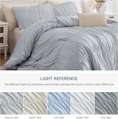 Lady Ann Queen Comforter Set Light Blue Ruched Bedding Comforter Sets for Bedroom, Ultra Soft Ruffle Fluffy Queen Size Shabby and Chic Bed Sets, 3PCS