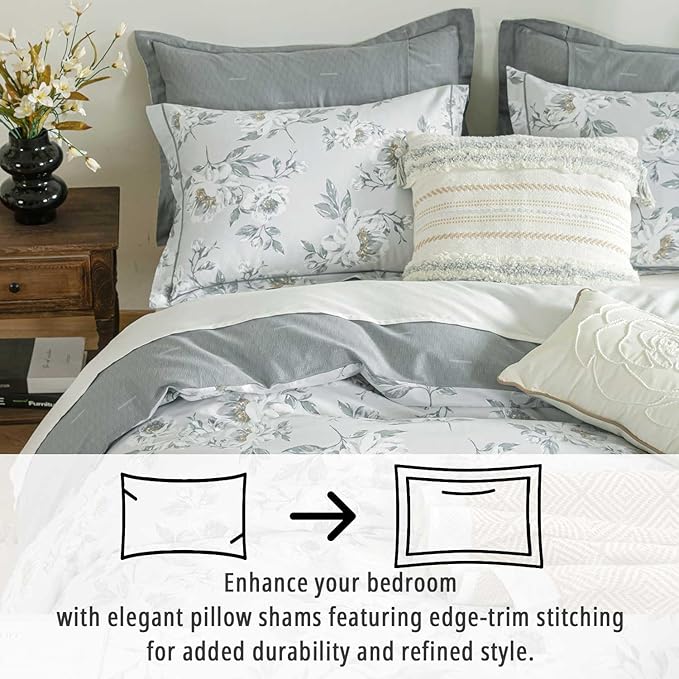 Floral Cotton Comforter Queen Size - Light Grey Comforter Printed with Vintage Ivory Flowers & Dark Yellow Stamens,Reversible Lightweight Bedding Sets 3Pcs(90"×90")