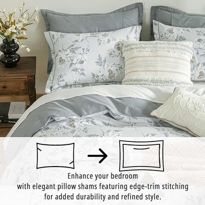Floral Cotton Comforter Queen Size - Light Grey Comforter Printed with Vintage Ivory Flowers & Dark Yellow Stamens,Reversible Lightweight Bedding Sets 3Pcs(90"×90")