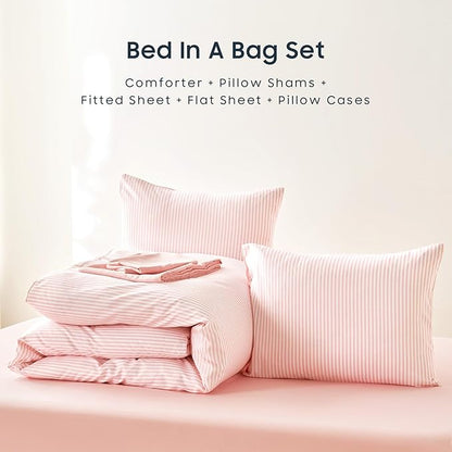 Wake In Cloud - Striped Comforter Set with Sheets, Ticking Stripe Vertical Pinstripe Neutral Farmhouse Pattern Printed, 5 Pieces Bed in a Bag, Pink White, Twin Size