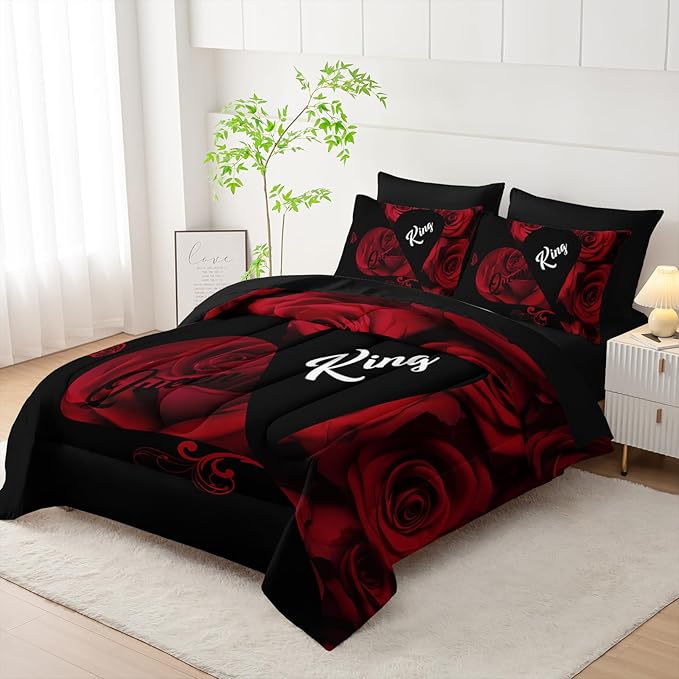 7 Piece Red and Black Rose King Comforter Set，King Quilt Bedding Set Rose，(1 Comforter, 1 Flat Sheet, 1 Fitted Sheet, 2 Pillowcase and 2 Pillow Sham)